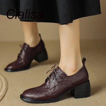 Cialisa / Новые женские туфли-лодочки 2023, Осенние винтажные женские туфли на высоком каблуке из натуральной кожи с круглым носком, ручной работы, Повседневная женская обувь на шнуровке