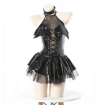 Платье из ПВХ с мокрым эффектом, кружевная повязка, блестящее фетиш-платье из искусственной кожи, сетчатое платье-пачка для косплея, сексуальная клубная одежда