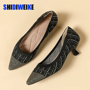 SDWK Женские туфли на высоком каблуке большого размера 3,5 см, трикотажные, дышащие, удобные, неглубокие, противоскользящие рабочие туфли на шпильке