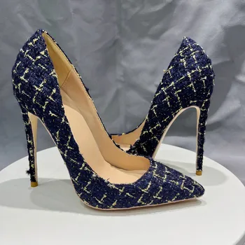 Темно-синие женские туфли в клетку с острым носком на высоком каблуке, элегантные женские шикарные туфли-лодочки на шпильке 8 см, 10 см, 12 см